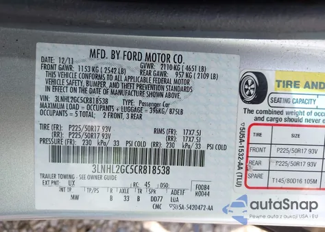 2012 Lincoln Mkz z USA, uszkodzony, nr VIN 3LNHL2GC5CR818538